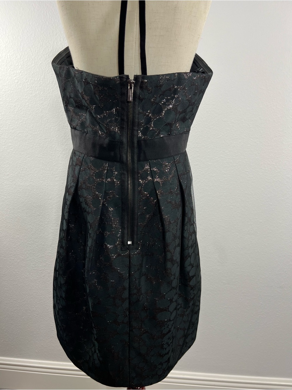 BCBGMaxAzria Black Strapless Lace-Overlay Cocktail Dress with Jeweled Brooch - Picture 2 of 4